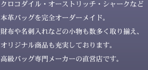 クロコダイル・オーストリッチ・シャークなど本革バッグを完全オーダーメイド。財布や名刺入れなどの小物も数多く取り揃え、オリジナル商品も充実しております。高級バッグ専門メーカーの直営店です